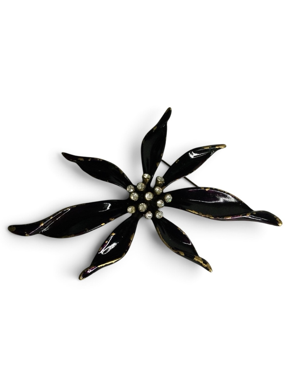 Vintage Ben-Amun Antiqued Gold-Tone Black-Purple Enamel Floral Rhinestone Brooch - Picture 5 of 14